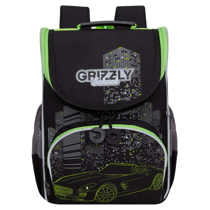 Рюкзак школьный GRIZZLY RAm-385-2/1 с мешком черный - салатовый