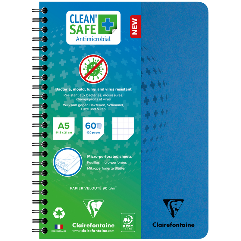Тетрадь 60л., А5, клетка на гребне Clairefontaine "Clean'Safe", перфорация, антибактериальная обложка, 90г/м2
