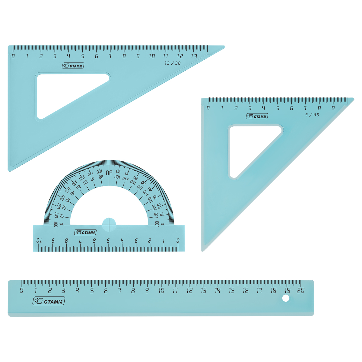 Набор чертежный средний Стамм, (треуг. 2шт., линейка 20см, транспортир), прозрачный тонированный
