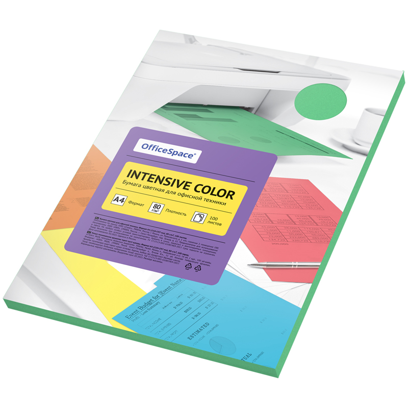 Бумага цветная OfficeSpace "Intensive Color", A4, 80 г/м², 100л., (зеленый)