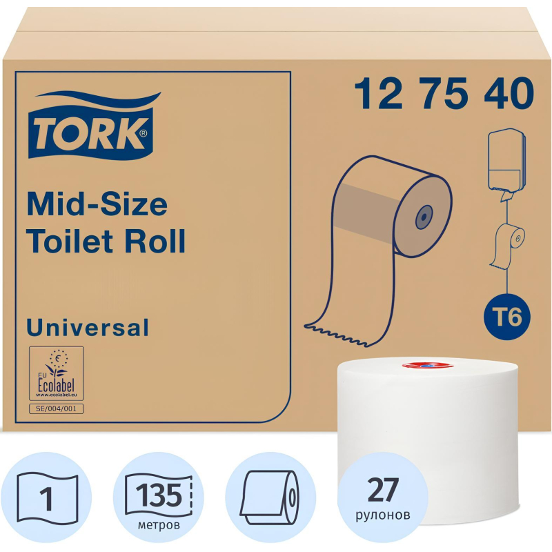 Бумага туалетная д/держ.Tork Mid-size Т6 Universal 1 сл. 135м 27рул 127540