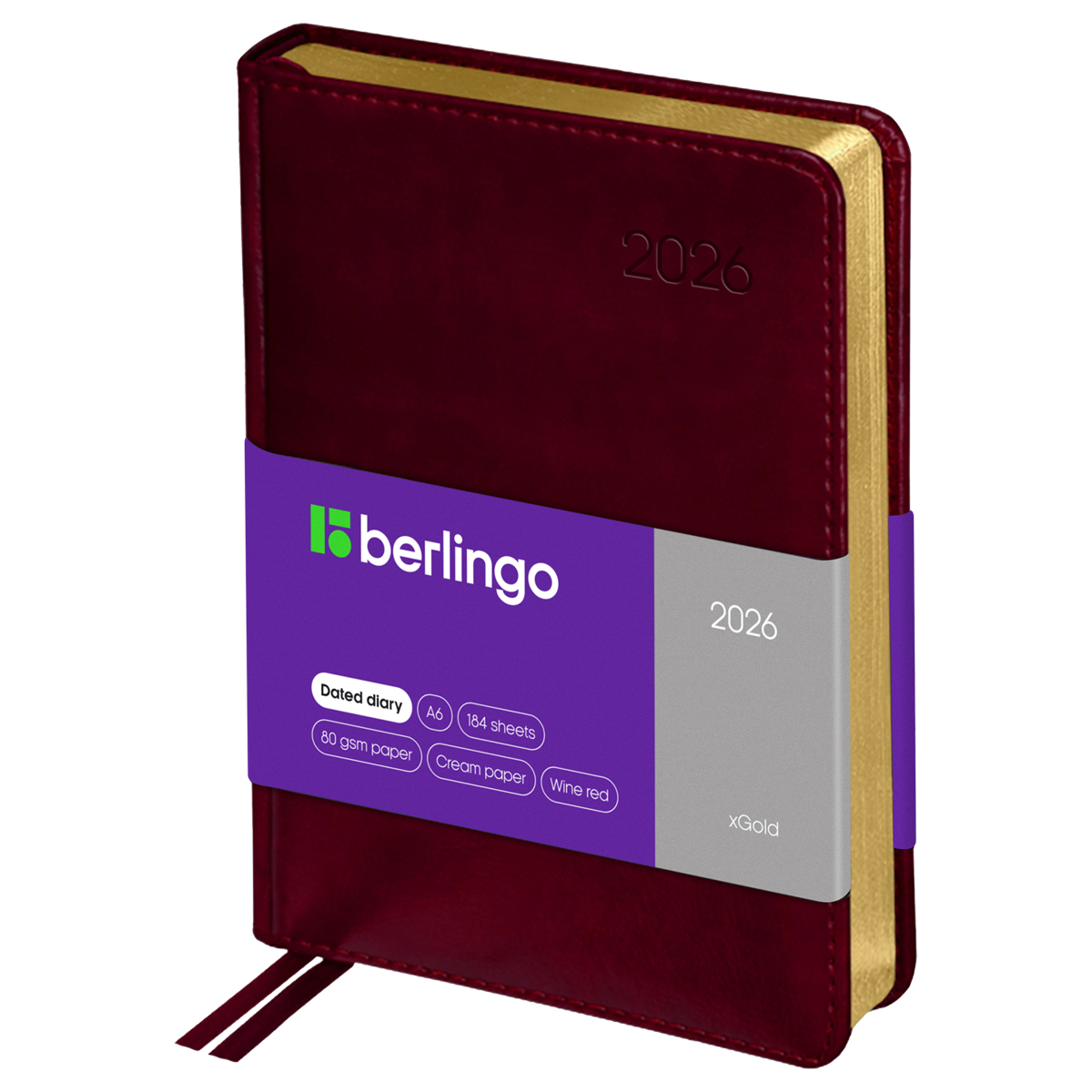 Ежедневник датированный 2026г., А6, 184л., кожзам, Berlingo "xGold", зол. срез, бордовый