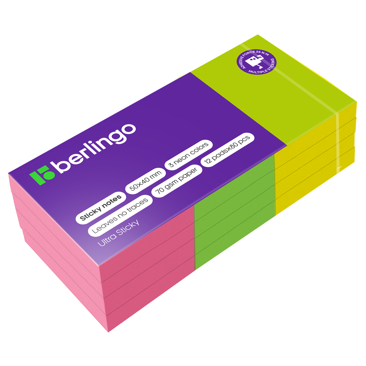 Самоклеящийся блок Berlingo "Ultra Sticky", 50*40мм, 12 блоков по 80л, 3 неоновых цвета