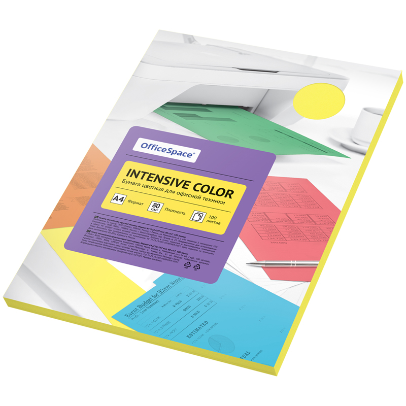 Бумага цветная OfficeSpace "Intensive Color", A4, 80 г/м², 100л., (желтый)