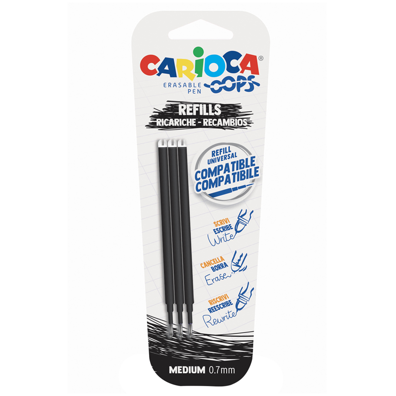Набор стержней для гелевой стираемой ручки Carioca "OOPS", черный, 3шт., 111мм, 0,7мм, блистер