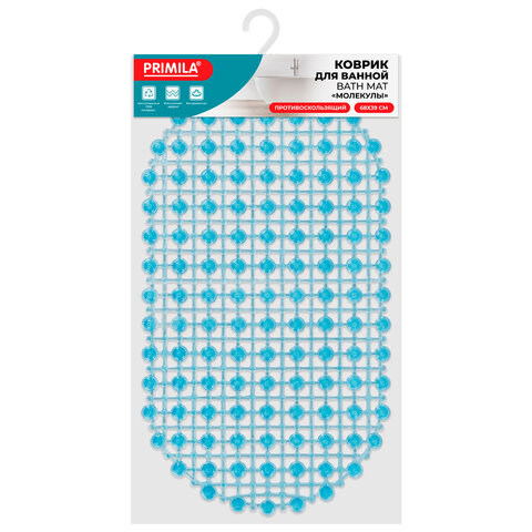 Коврик для ванны противоскользящий 68х39 см, "Молекулы", овальный, голубой, ПВХ, PRIMILA (ПРИМИЛА), 700388