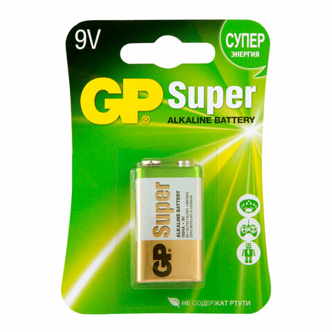 Батарейка GP Super, "Крона" (6LR61, 6LF22, 1604A), алкалиновая, 1 шт., в блистере, 1604A-5CR1, 1604A