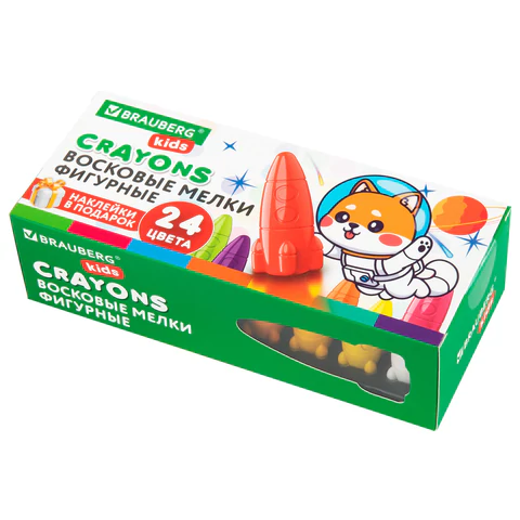 Восковые мелки фигурные BRAUBERG KIDS "РАКЕТА", НАБОР 24 цвета + НАКЛЕЙКИ В ПОДАРОК, 273083
