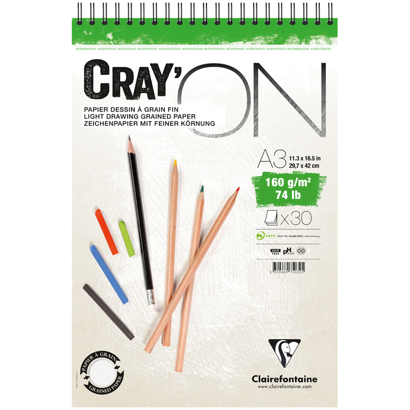 Скетчбук - блокнот 30л., А3 Clairefontaine "Cray ON", на гребне, 160г/м2, мелкозерн.