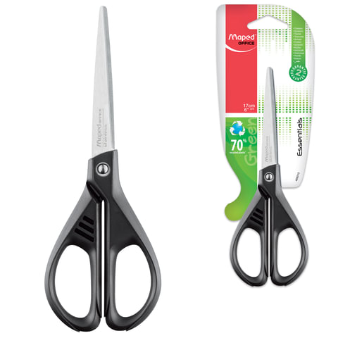 Ножницы MAPED (Франция) "Essentials Green", 170 мм, черные, картонная упаковка с европодвесом, 46701