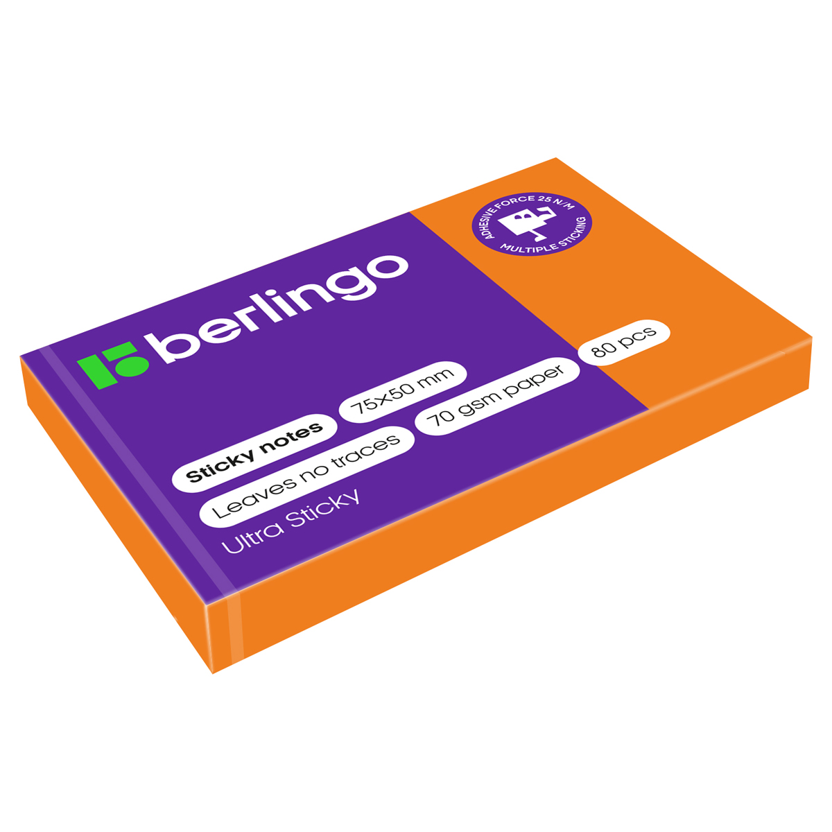 Самоклеящийся блок Berlingo "Ultra Sticky", 50*75мм, 80л, оранжевый неон
