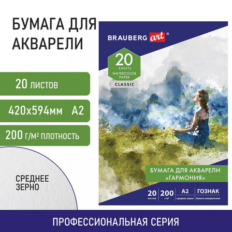 Папка для акварели БОЛЬШАЯ А2, 20 л., "ГАРМОНИЯ", зерно, 200 г/м2, ГОЗНАК, BRAUBERG ART CLASSIC, 113