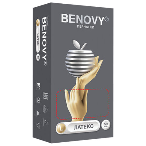 Перчатки латексные смотровые 50 пар (100 шт.), размер L (большой), бежевые, BENOVY "Latex Chlorinate