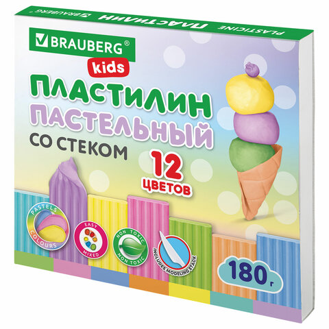 Пластилин классический пастельные цвета BRAUBERG KIDS, 12 цветов, 180 грамм, стек