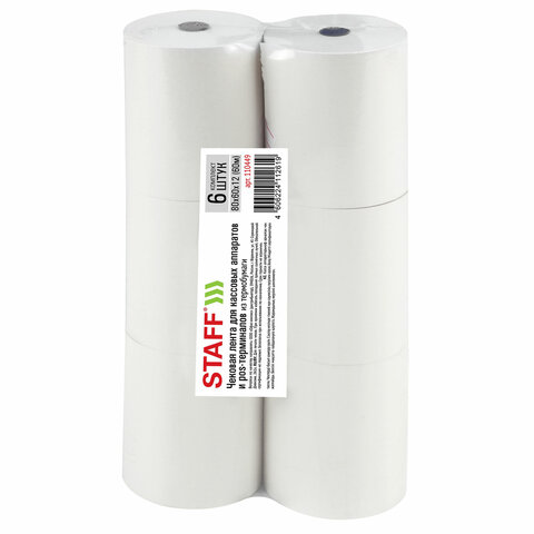 Чековая лента ТЕРМОБУМАГА 80 мм (диаметр 66 мм, длина 60 м, втулка 12 мм) КОМПЛЕКТ 6 шт., STAFF