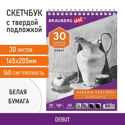 Скетчбук, белая бумага 160 г/м2, 145х205 мм, 30 л., гребень, жёсткая подложка, BRAUBERG ART DEBUT, 1