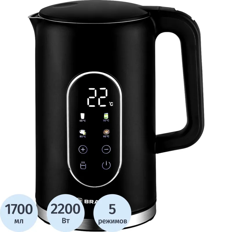 Чайник BRAYER 6107BR-BK,электрический,2200Вт,1,7л,Cool Touch,cенсор упр