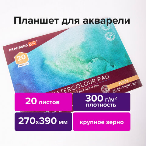 Папка для акварели/планшет, 300 г/м2, 270х390 мм, склейка, крупное зерно, 20 л., BRAUBERG ART PREMIE