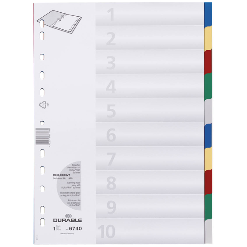 Разделитель листов Durable А4, 10 листов, без индексации, цветной, пластиковый