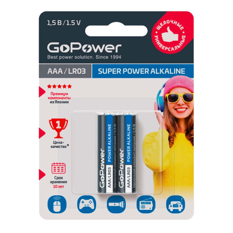 Батарейка GoPower LR03 AAA 2шт/бл Alkaline 1.5V (2/24/480)