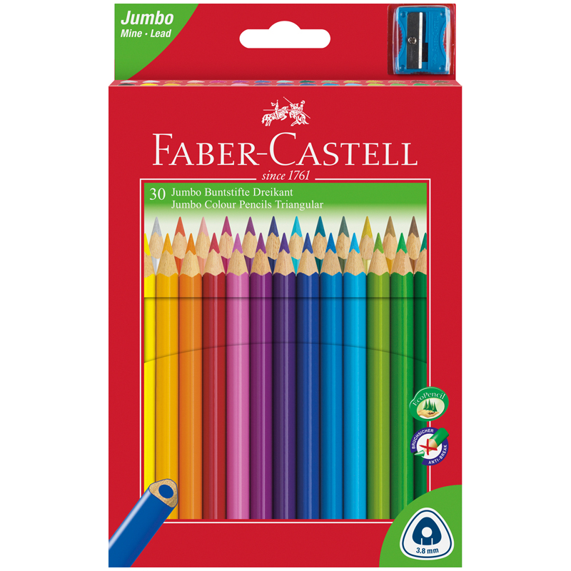 Карандаши цветные Faber-Castell "Jumbo" 30цв., трехгран., утолщ., заточен., картон, евр., с точилкой