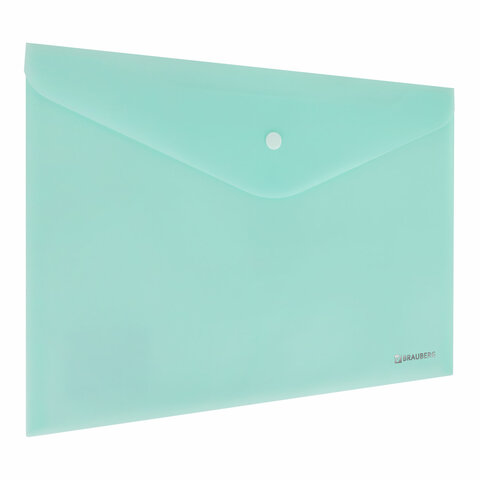 Папка-конверт с кнопкой BRAUBERG "Pastel", А4, матовая непрозрачная, аквамарин, ПРОЧНАЯ 0,2 мм, 272880