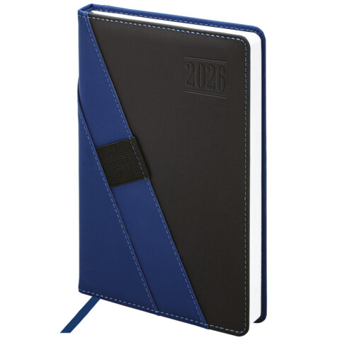 Ежедневник датированный 2026, А5, 138х213 мм, BRAUBERG "Swirl", под кожу, держатель для ручки, синий, 117479