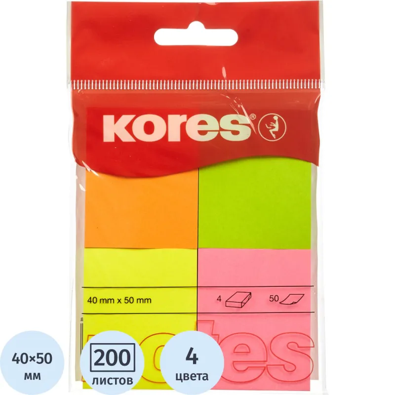Блок-кубик Kores бум.для зам. 40х50 неон.гамма 4шт./уп.по 50л. '48450