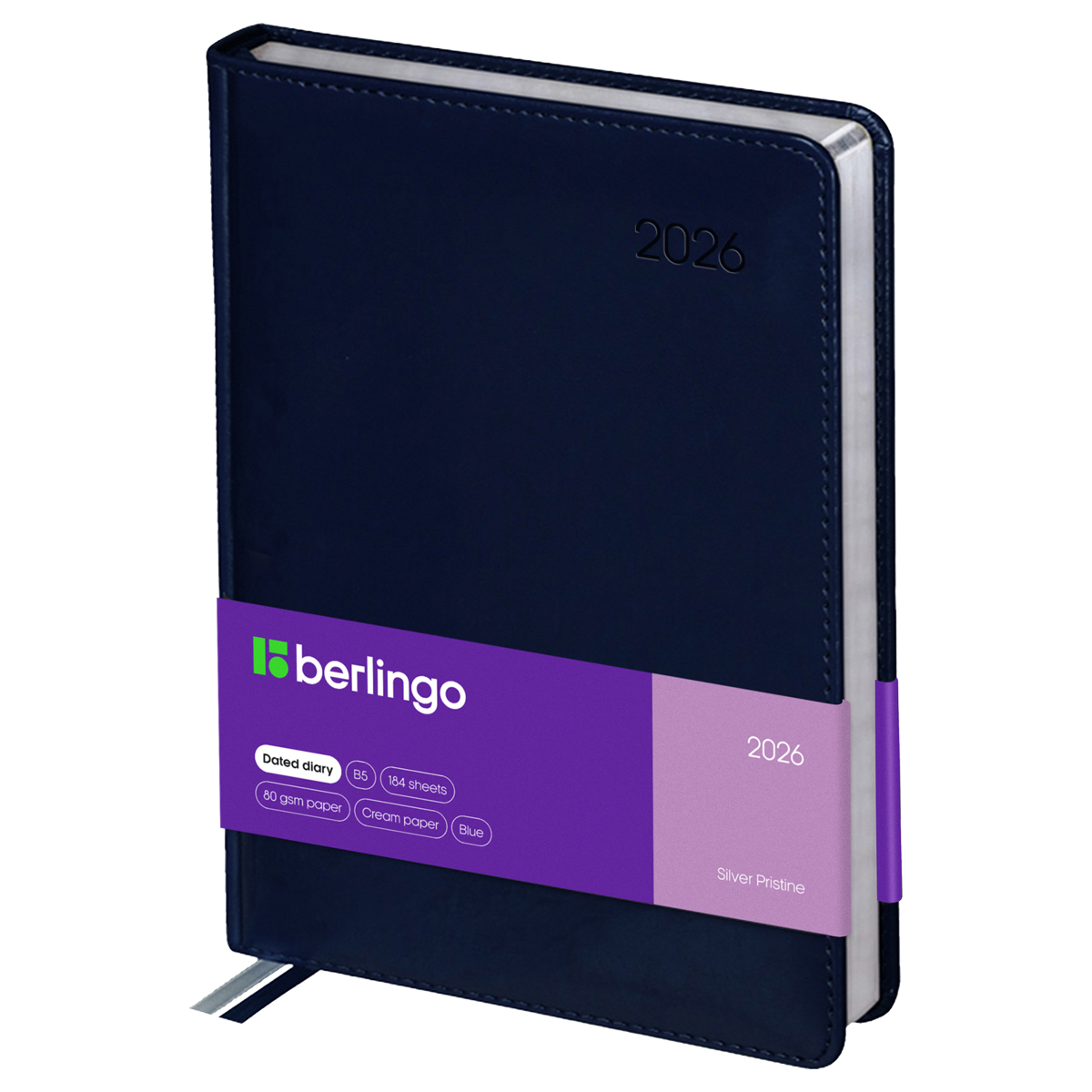 Ежедневник датированный 2026г., А4-(В5), 184л., кожзам, Berlingo "Silver Pristine", сер. срез, синий