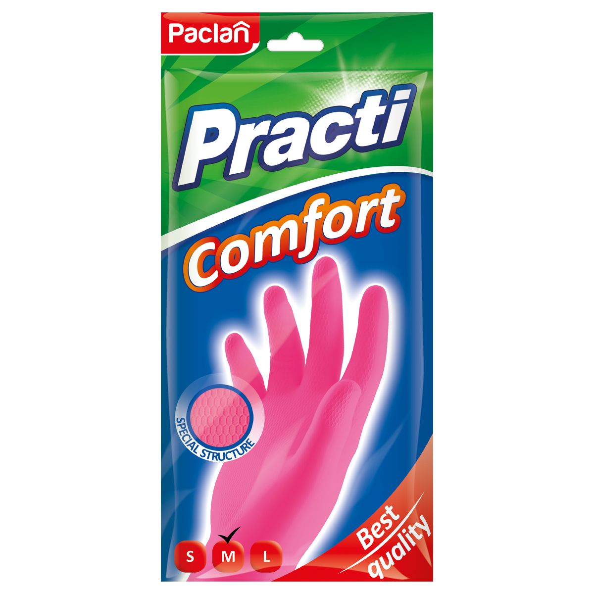 Перчатки резиновые Paclan "Practi.Comfort", р.М, розовые, пакет с европодвесом