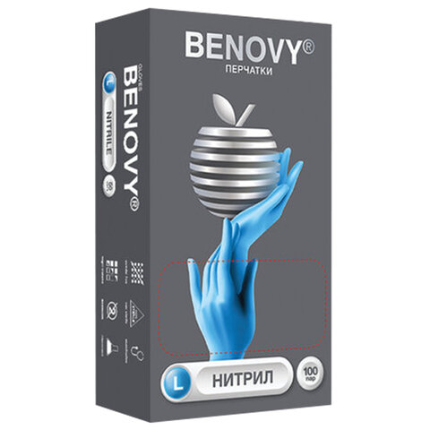 Перчатки нитриловые смотровые 100 пар (200 шт.), размер L, голубые, BENOVY Nitrile Chlorinated, ЧЗ, К