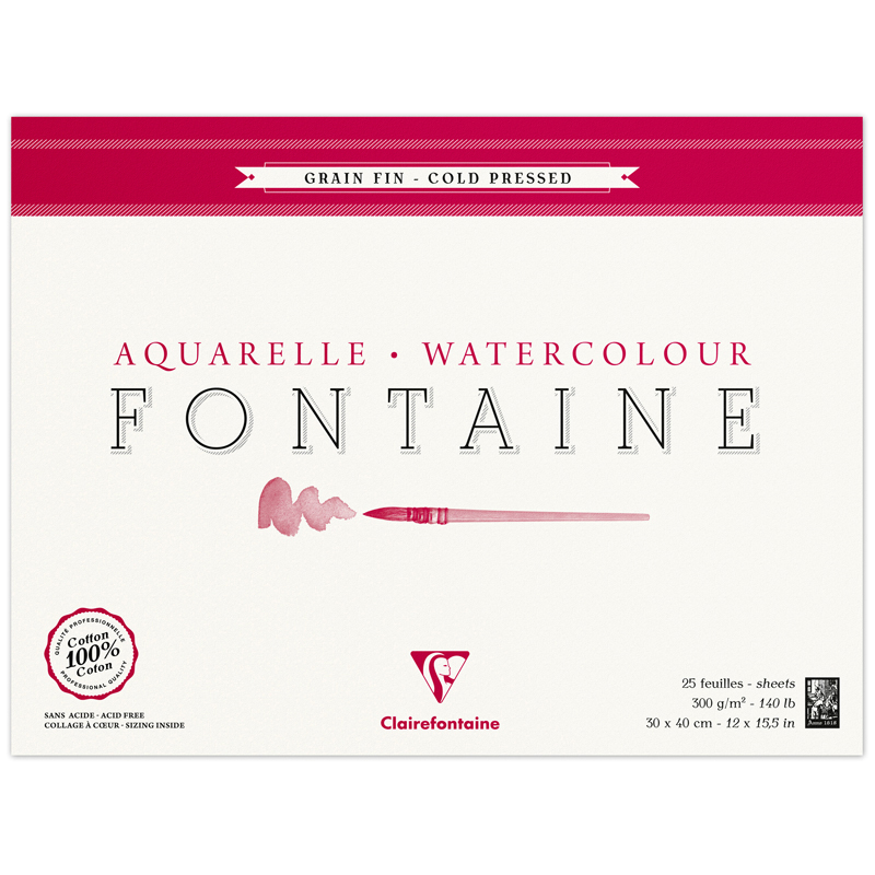 Альбом для акварели 25л., 30*40, на склейке Clairefontaine "Fontaine Grain Fin", 300г/м2, холод. пре