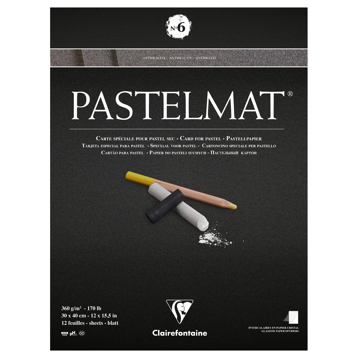 Альбом для пастели, 12л., 300*400мм, на склейке Clairefontaine "Pastelmat", 360г/м2, бархат, антраци