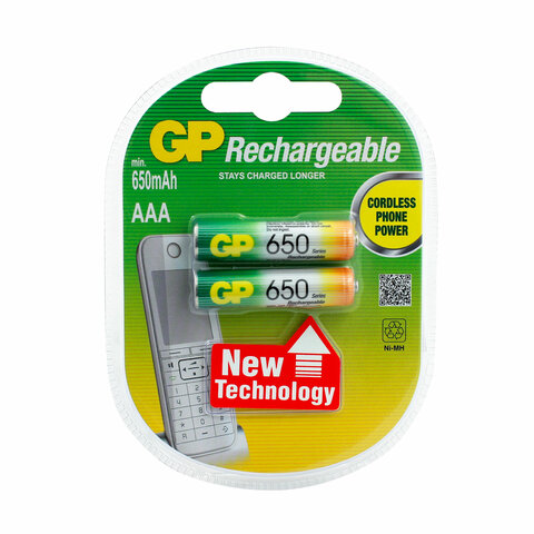 Батарейки аккумуляторные КОМПЛЕКТ 2 шт., GP, AAA (HR03), Ni-Mh, 650 mAh, блистер, 65AAAHC-2DECRC2, 6