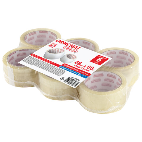 Клейкие ленты упаковочные, 48 мм х 60 м, КОМПЛЕКТ 6 шт., прозрачные, толщина 45 микрон, ОФИСМАГ, 440