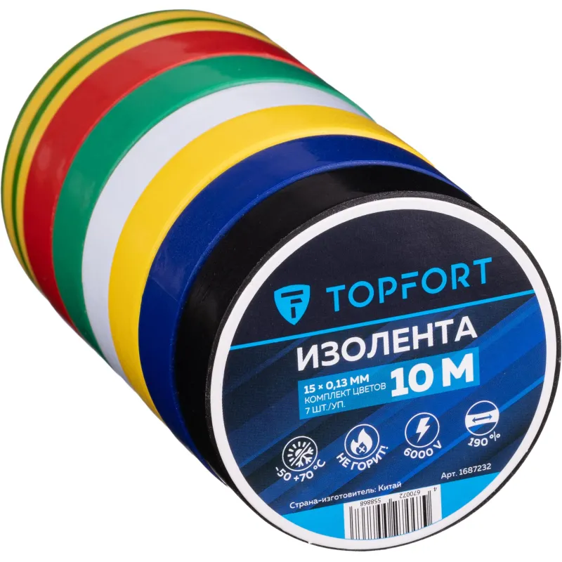 Изолента TOPFORT 15мм х 10м х 0,13мм (комплект цветов 7шт./уп.)