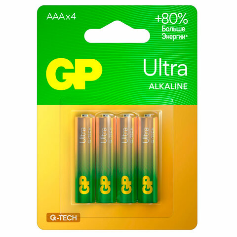 Батарейки КОМПЛЕКТ 4 шт., GP Ultra G-Tech, AAA (LR03, 24А), алкалиновые, мизинчиковые, 24AUA21-2CRSBC4 Батарейки КОМПЛЕКТ 4 шт., GP Ultra G-Tech, AAA (LR03, 24А), алкалиновые, мизинчиковые, 24AUA21-2CRSBC4