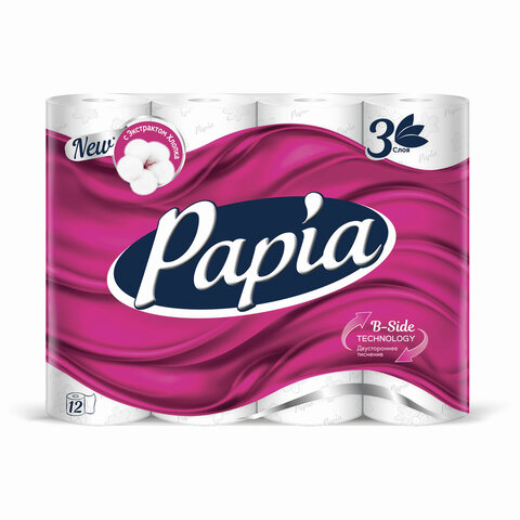 Бумага туалетная бытовая, спайка 12 шт., 3-слойная (12х16,8 м), PAPIA, белая