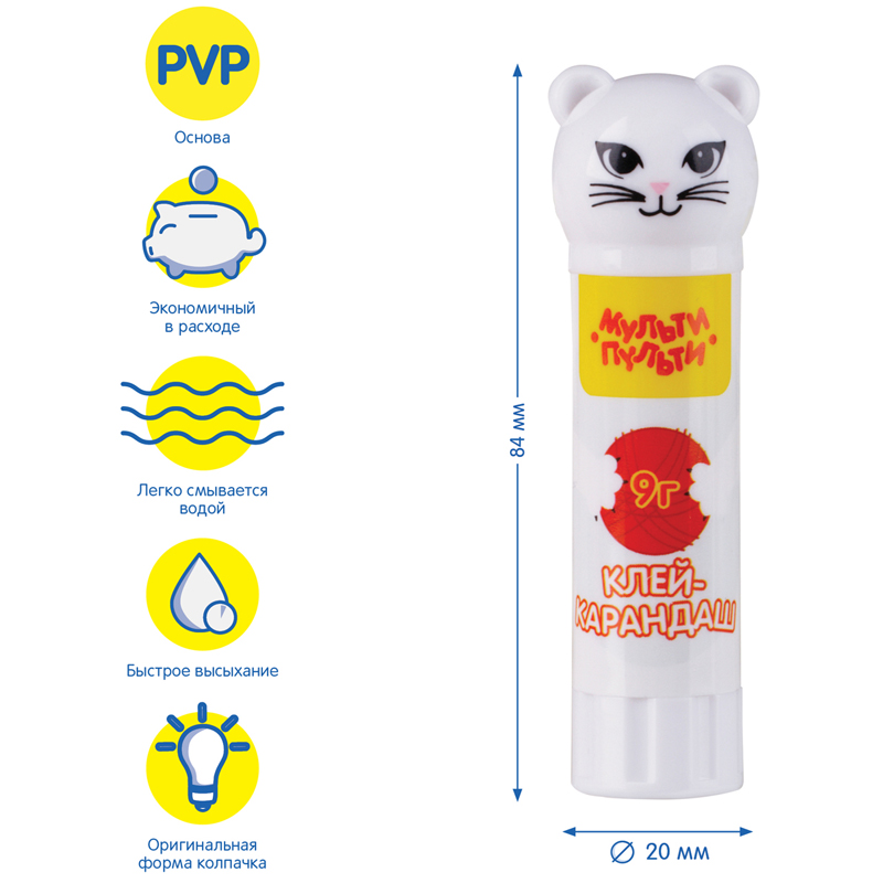 Набор клей-карандаш Мульти-Пульти "Зверята: Морской котик, Бегемот, Кошка ", 09г, колпачок в форме животного, ПВП, пакет, европодв