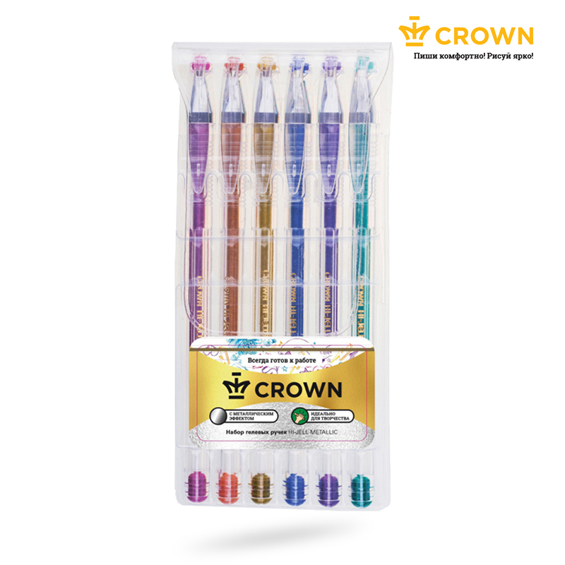 Набор гелевых ручек Crown "Hi-Jell Metallic" 6шт., 6цв., 0,7мм, металлик, ПВХ уп., европодвес