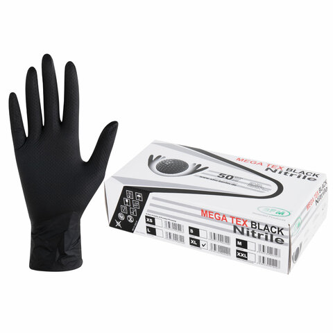 Перчатки нитриловые сверхпрочные с текстурой SFM MEGA TEX BLACK, Германия, 25 пар (50 шт.), размер XL (очень большой)