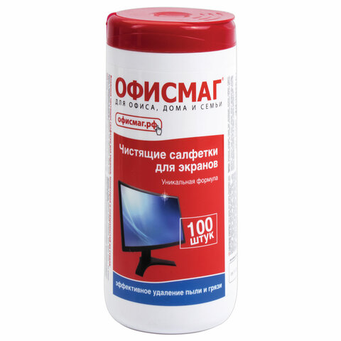 Салфетки для экранов всех типов и оптики ОФИСМАГ, туба 100 шт., влажные