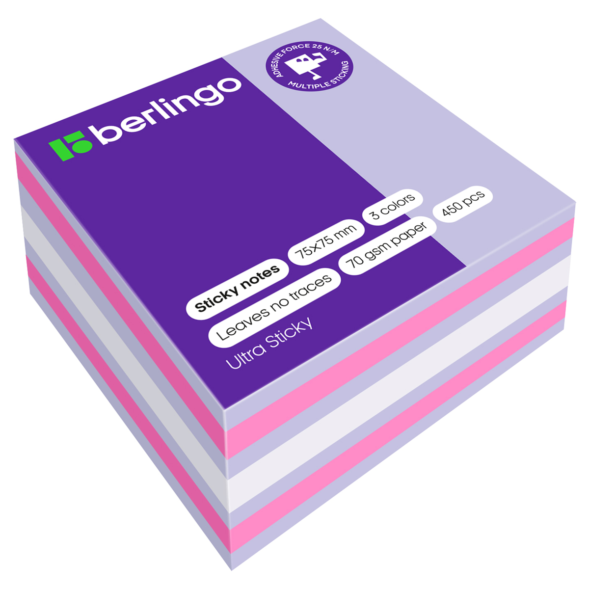 Самоклеящийся блок Berlingo "Ultra Sticky", 75*75мм, 450л, 3 цвета