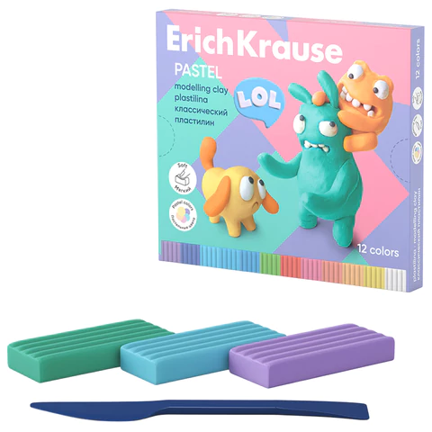 Пластилин классический ERICH KRAUSE "Jolly Friends pastel", 12 цветов, 216 г, со стеком, 61352