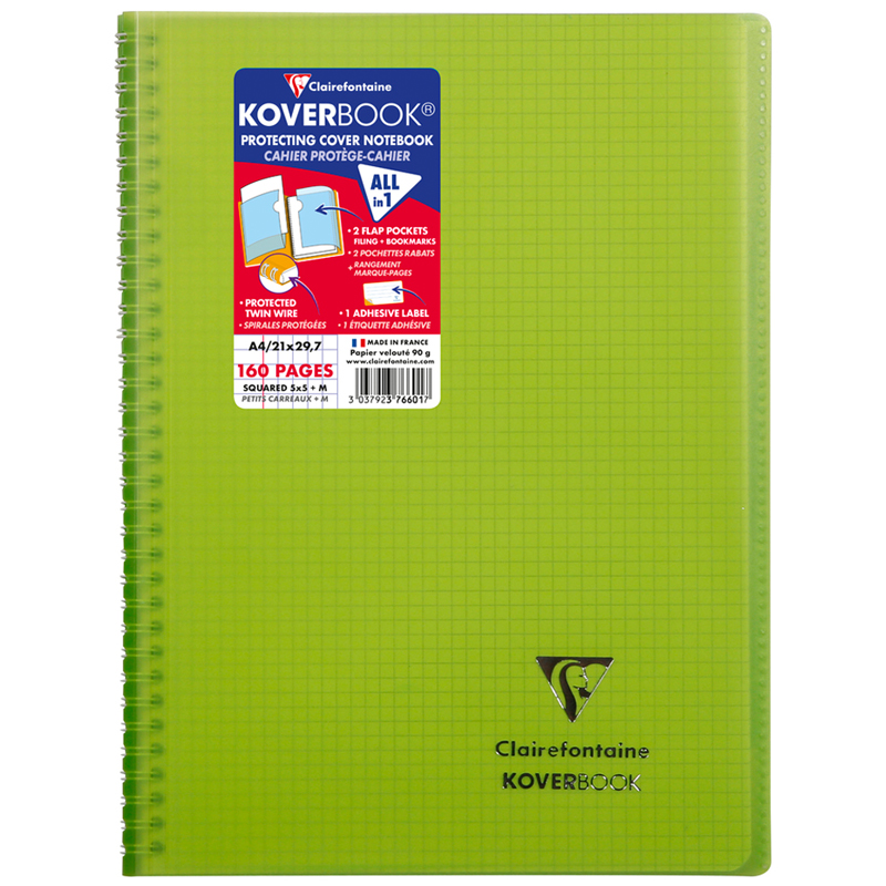 Бизнес-тетрадь 80л., А4, клетка на гребне Clairefontaine "Koverbook", 90г/м2, пластик. обложка, зеленая