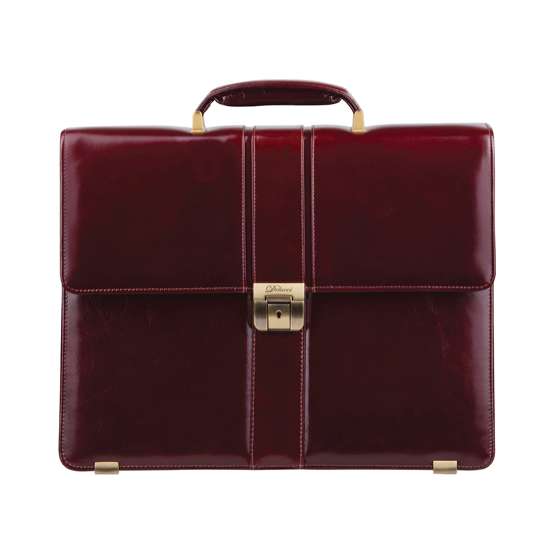 Портфель Delucci "Гиперион" кожа, темный коньяк, 2 отделения, метал. замок, с ремнем