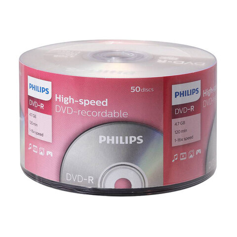 Диски DVD-R PHILIPS, 4,7 Гб, 16x, Bulk (термоусадка без шпиля), КОМПЛЕКТ 50 шт., DM4S6U50F/97