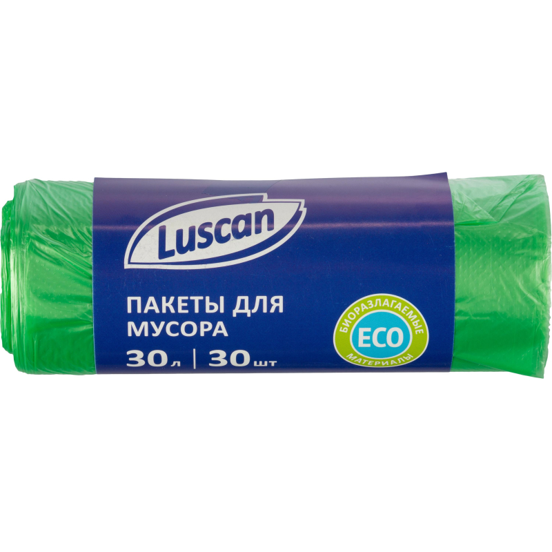 Мешки для мусора на 30 литров Luscan Bio зеленые (ПНД, 10 мкм, в рулоне 30 штук, 50x60 см)