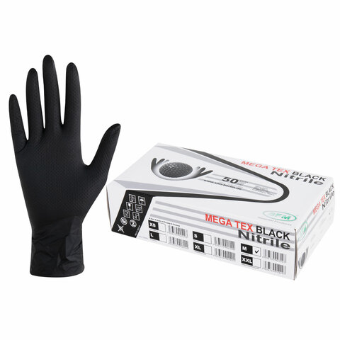 Перчатки нитриловые сверхпрочные с текстурой SFM MEGA TEX BLACK, Германия, 25 пар (50 шт.), размер M (средний)