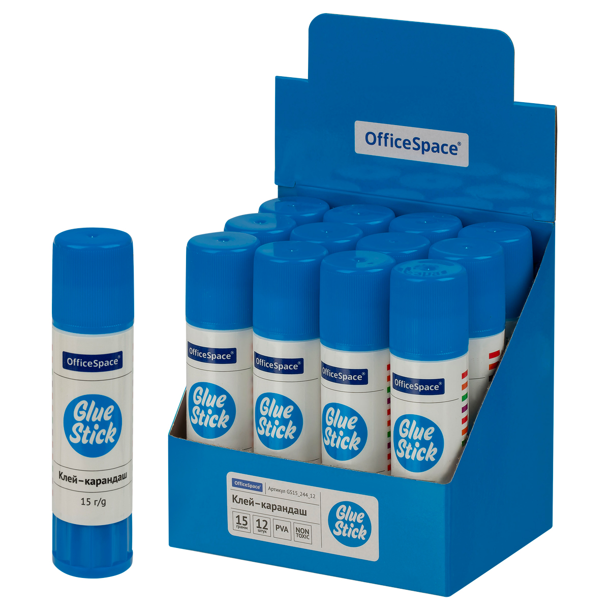 Клей-карандаш OfficeSpace, 15г, дисплей, ПВА